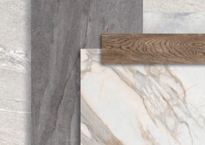 Flat lay of different tile samples from Daugres, a ceramic tile manufacturer.