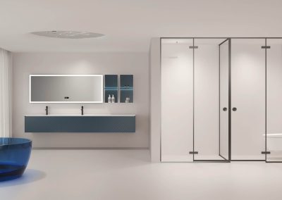 Render of a bathroom with shower, vanity, mirror and bath by Rosery, a bathroom furniture manufacturer.