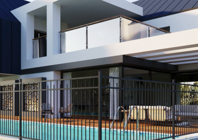 Modern two-story home with a pool and black pool fencing